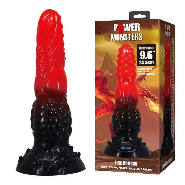 POWER MONSTERS - DILDO DE FANTASIA DRAGÃO DE FOGO COM VENTOSA 24.5 CM Ø 5.8 CM VERMELHO E PRETO