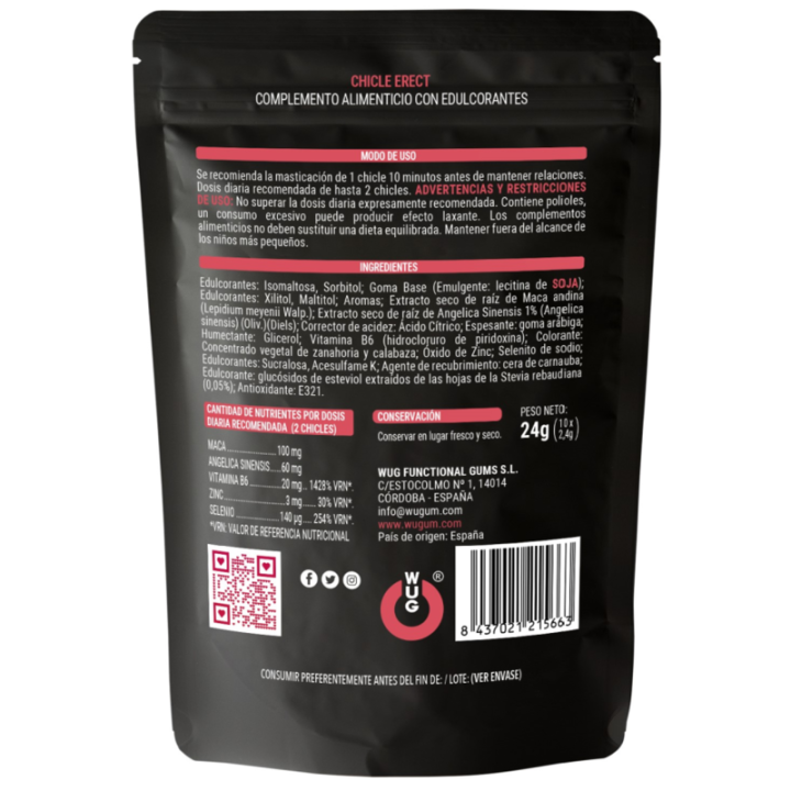 WUG ERECT – Goma de mascar funcional com Maca. Zinco e Vitaminas para aumentar a energia e o desempenho masculino.