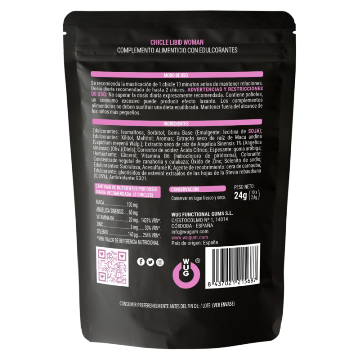 WUG LIBID WOMAN – Goma de mascar funcional com Maca. Ginseng Feminino e Zinco para aumentar a vitalidade feminina.
