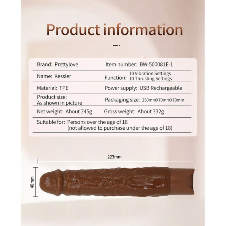 PRETTY LOVE - KESSLER VIBRADOR REALISTA COM 10 MODOS DE VIBRAÇÃO E 10 INTENSIDADES. 22 CM. MARROM