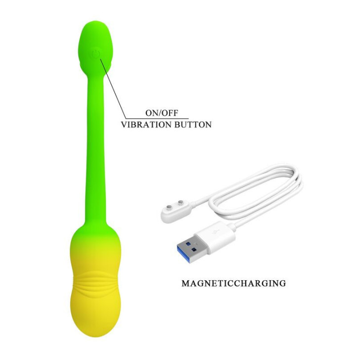 PRETTY LOVE - OVO VIBRATÓRIO COM CONTROLE POR APLICATIVO PULSEN. 12 FUNÇÕES. RECARREGÁVEL VIA USB. VERDE-AMARELO
