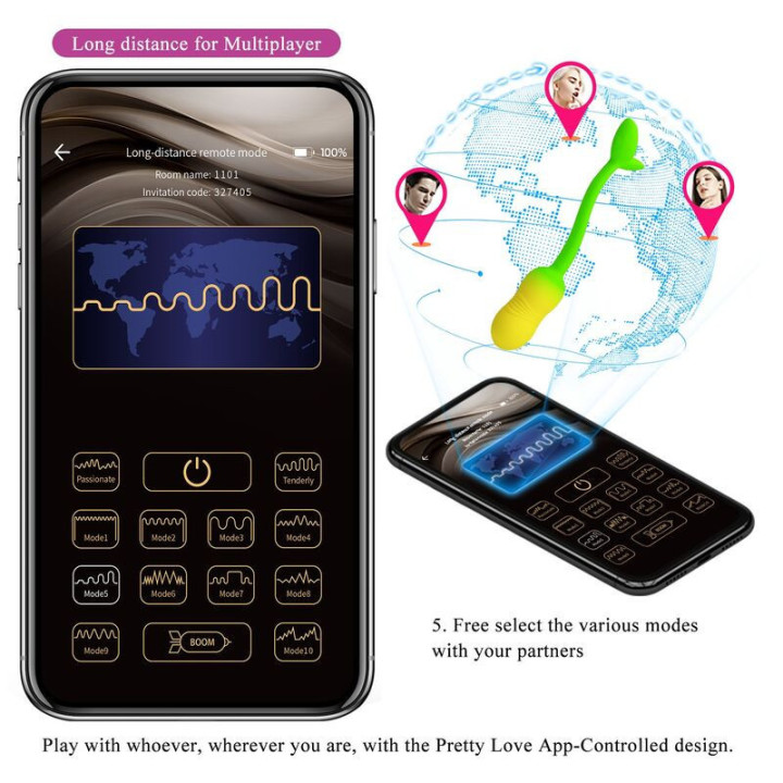 PRETTY LOVE - OVO VIBRATÓRIO COM CONTROLE POR APLICATIVO PULSEN. 12 FUNÇÕES. RECARREGÁVEL VIA USB. VERDE-AMARELO