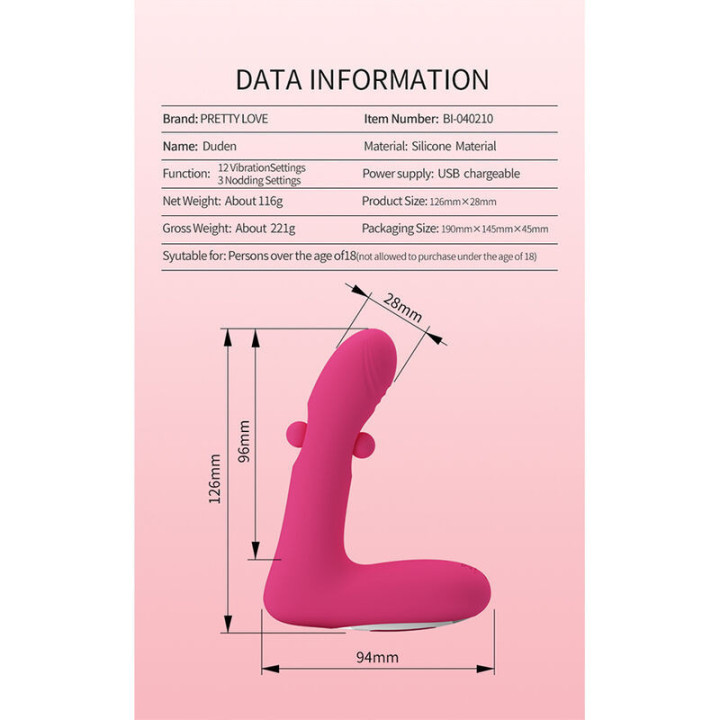 PRETTY LOVE - DUDEN VIBRADOR DE SILICONE RECARREGÁVEL COM 12 MODOS DE VIBRAÇÃO E 3 MODOS DE BALANÇO. ROSA.