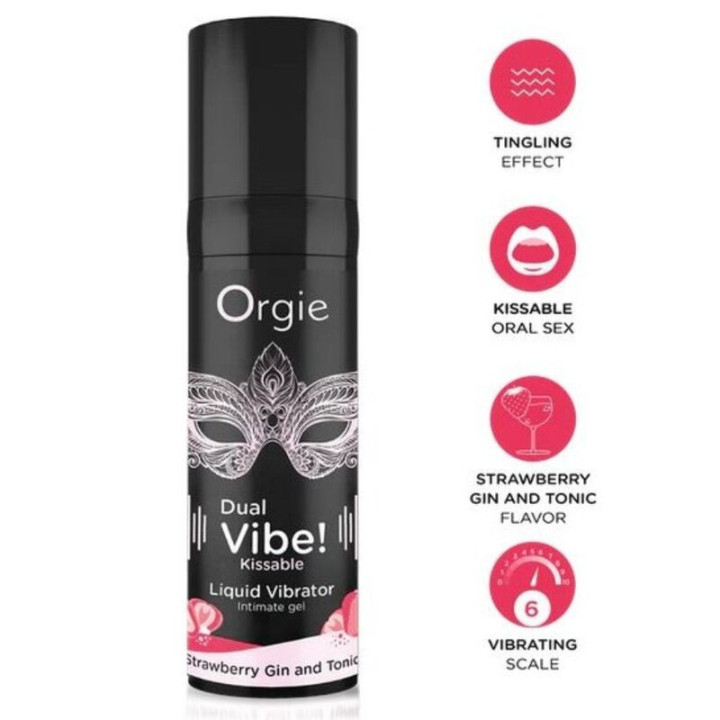ORGIE - DUAL VIBE! VIBRADOR LÍQUIDO BEIJÁVEL COM SABOR DE MORANGO. GIN TÔNICA. 15 ML