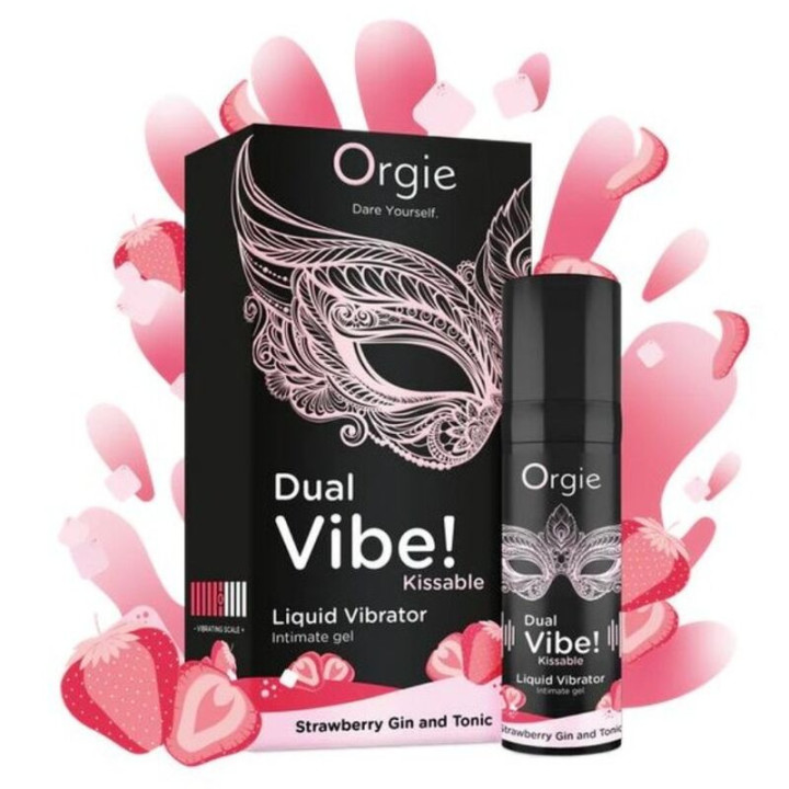 ORGIE - DUAL VIBE! VIBRADOR LÍQUIDO BEIJÁVEL COM SABOR DE MORANGO. GIN TÔNICA. 15 ML