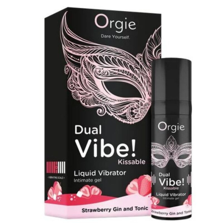 ORGIE - DUAL VIBE! VIBRADOR LÍQUIDO BEIJÁVEL COM SABOR DE MORANGO. GIN TÔNICA. 15 ML