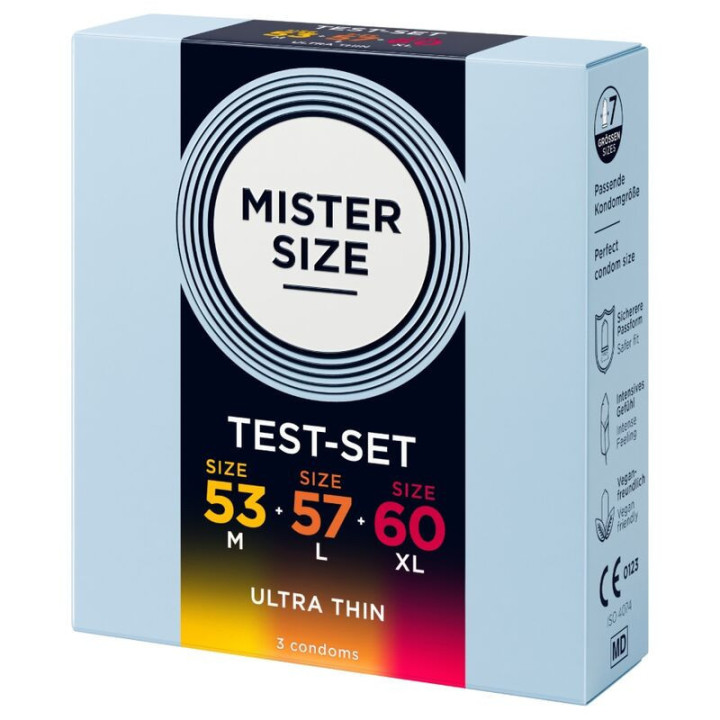 MISTER SIZE - PACOTE DE AMOSTRA DE PRESERVATIVOS TAMANHO 53-57-60 MM (3 UNIDADES)